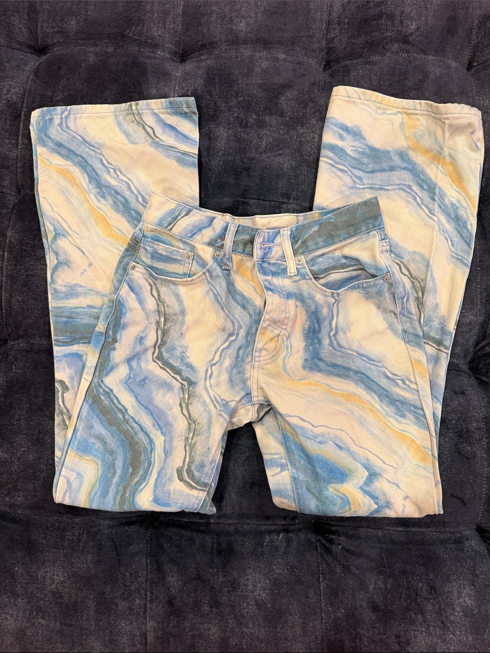 Urban Outfitters Marble-Print Boot Cut Jeans in Blue, Cream, Yellow